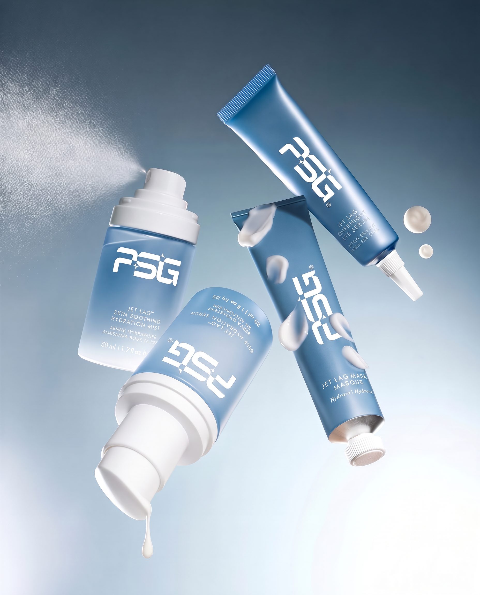 PSG cosmetic packaging lineup — blue tubes and bottles